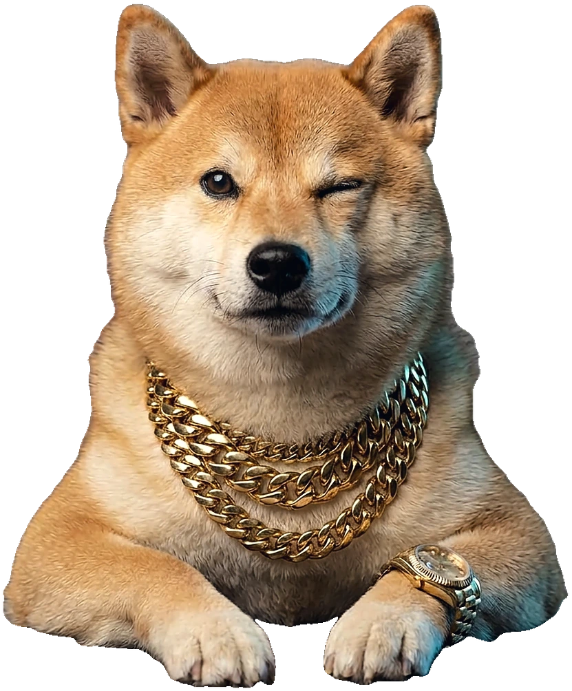 Rich Shiba Inu, winking behind a table covered in money